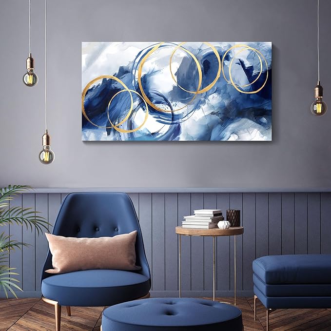 AJAZIKO Blue Abstract Wall Art Modern Art Wall Decor Artwork For Walls Living Room Large Painting Size 20x40 Office Pictures For Wall Navy Gold Contempor Decorations For Bedroom-Ruum Studio Home