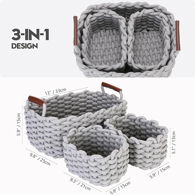 Sea Team 3-Pack Rectangle Woven Cotton Rope Storage Baskets with Handles, Shelf Basket, Closet Organizers, 3-in-1, Gray-Ruum Studio Home
