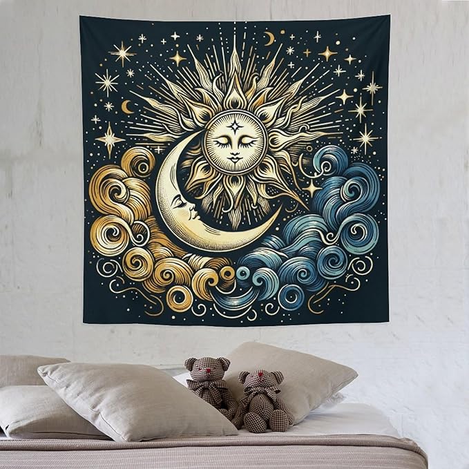 HZOHNAGO Sun Moon Tapestry Boho Golden Stars Pattern Printed Wall Tapestry Wall Hanging for Bedroom Living Room Dorm 60" W x 60" H-Ruum Studio Home