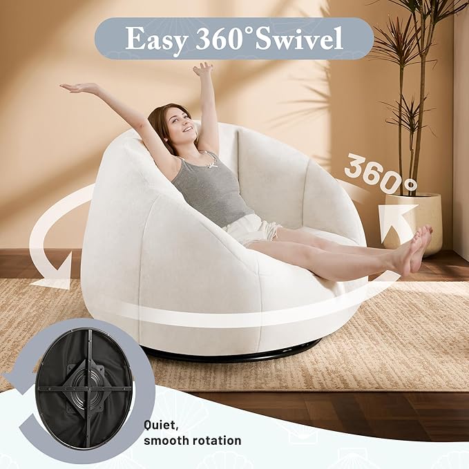 Giant Bean Bag Swivel Chair for Adults - Comfy Plush Round Shell Soft Accent Chaise Lounge Indoor Chair, Oversized Cozy Floor Sofa for Living Room, Bedroom & Game Rooms, Beige-Ruum Studio Home