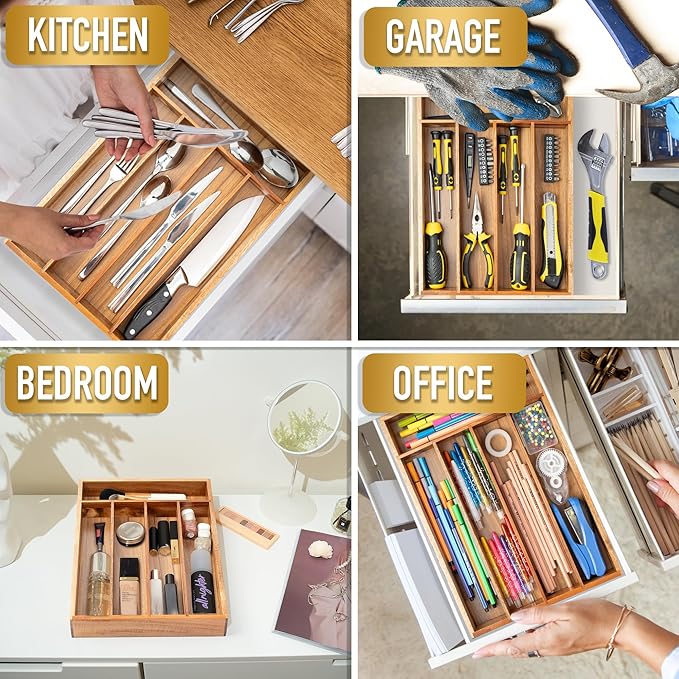 Silverware Organizer Kitchen Drawer Organizer Utensil Organizer Acacia Silverware Holder Cutlery Organizer in Drawer Flatware Organizer Tray(5 slots, Acacia-Ruum Studio Home