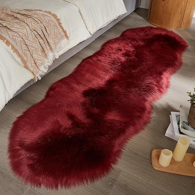 AMTOVO Faux Sheepskin Rug, Burgundy Ultra Soft Fluffy Shag Area Rug, 2 x 6 ft Faux Fur Rug for Bedroom Sofa Throw Cushion Room Decor, Sheepskin-Ruum Studio Home