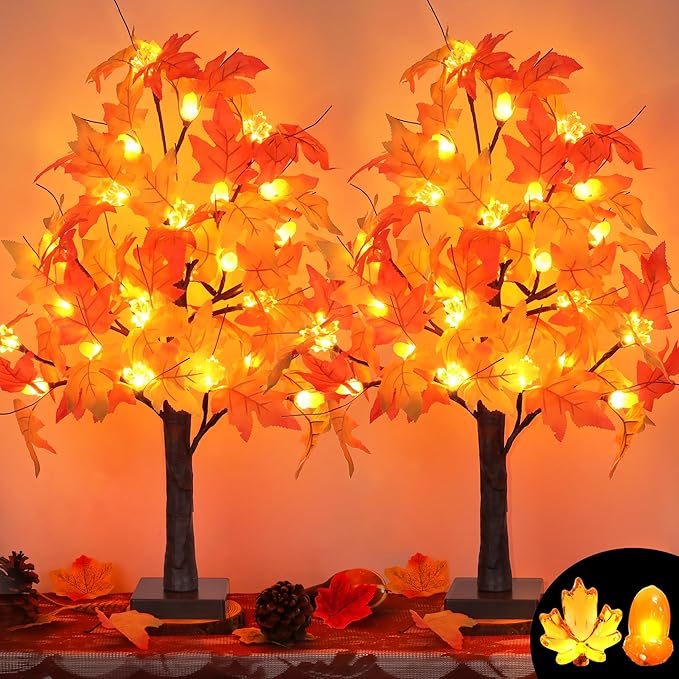 2 Pack 24 Inch Prelit Fall Maple Tree Fall Decor with 48 LEDs Timer Battery Operated Artificial Fall Light Up Tree Maple Acorn for Fall Thanksgiving Decorations Table Home Office Indoor Autumn Harvest-Ruum Studio Home