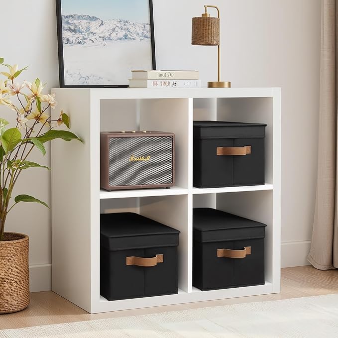 StorageWorks Large Storage Bins with Lids, Decorative Storage Boxes with Lid and PU Handles, Foldable Storage Baskets for Closet, Shelves, Stackable, Black, 3-Pack-Ruum Studio Home