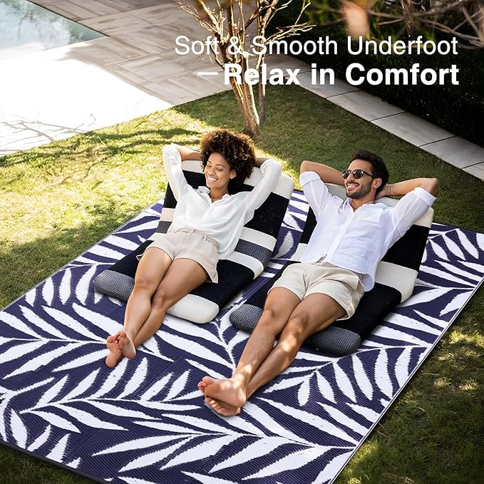 OLANLY Waterproof Outdoor Rug 6x9 ft, Reversible Outdoor Plastic Straw Rug with Leaf Pattern, RV Mat, Indoor Outdoor Carpet for Patio, Camping, Balcony, Deck, Backyard, Navy & White-Ruum Studio Home