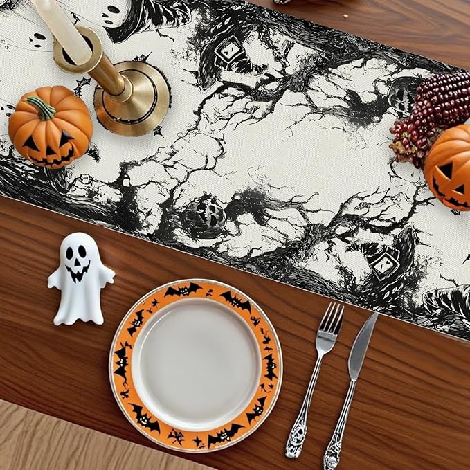 GPGHE Halloween Table Runner Black Ghost Holiday Burlap Table Decoration Indoor Outdoor Home Decor Party Supply 13 x 48 Inch-Ruum Studio Home