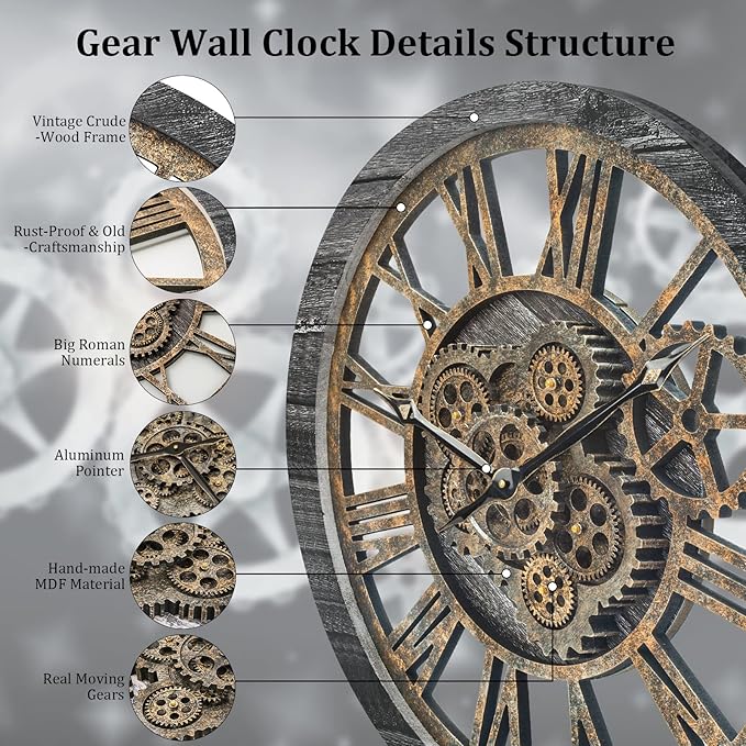 HOIBAI Large Wall Clock, Wall Clocks for Living Room Decor 20 Inch Farmhouse Vintage Rustic Kitchen Wall Decor Vintage Roman Oversized Wall Clock for Home Bedroom House Office, Moving Gears Clock-Ruum Studio Home