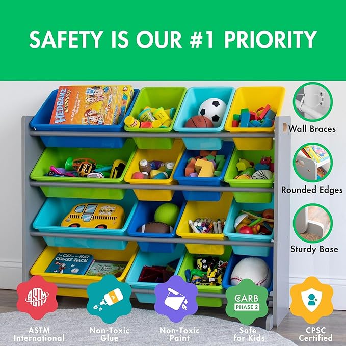 Humble Crew Supersized Toy Storage Organizer with 16 Removable Bins, Grey/Blue/Green/Yellow – Large Toy Storage for Toddlers Ideal for Kids' Rooms, Playrooms, and Nurseries - Modern Toy Bins for Kids-Ruum Studio Home