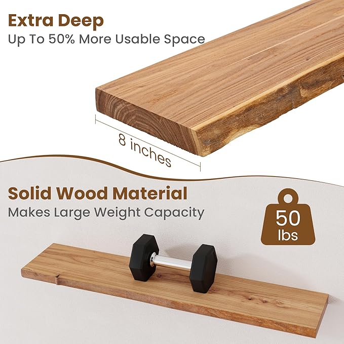 Floating Shelves for Wall Decor, Rustic Solid Elm Wood Live Edge Floating Shelves Wall Mounted, Wall Shelves with Invisible Bracket for Living Room Bathroom Bedroom Kitchen, 36 Inch Set of 2, Natural-Ruum Studio Home