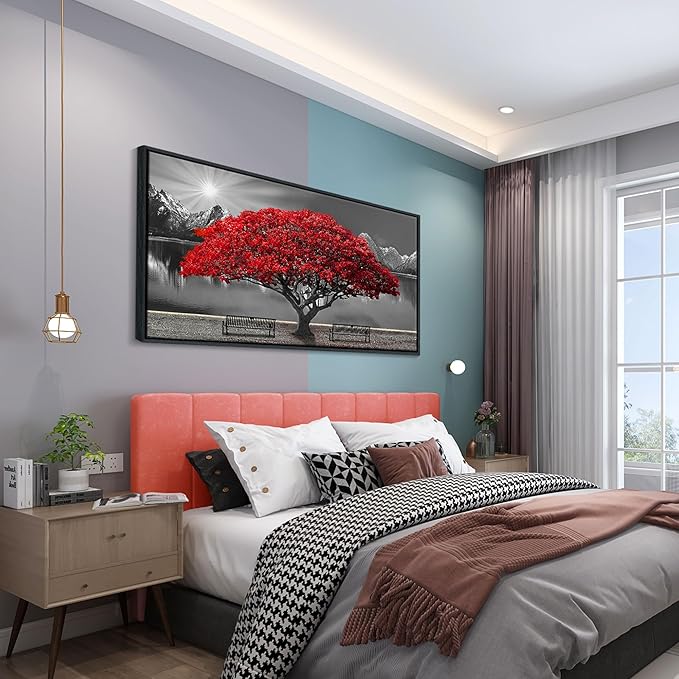 Framed Black and White Red Tree Wall Art Canvas Print Picture Large Red Tree Landscape Modern Artwork for Living Room Bedroom Office Home Wall Decor With 24X48inch-Ruum Studio Home