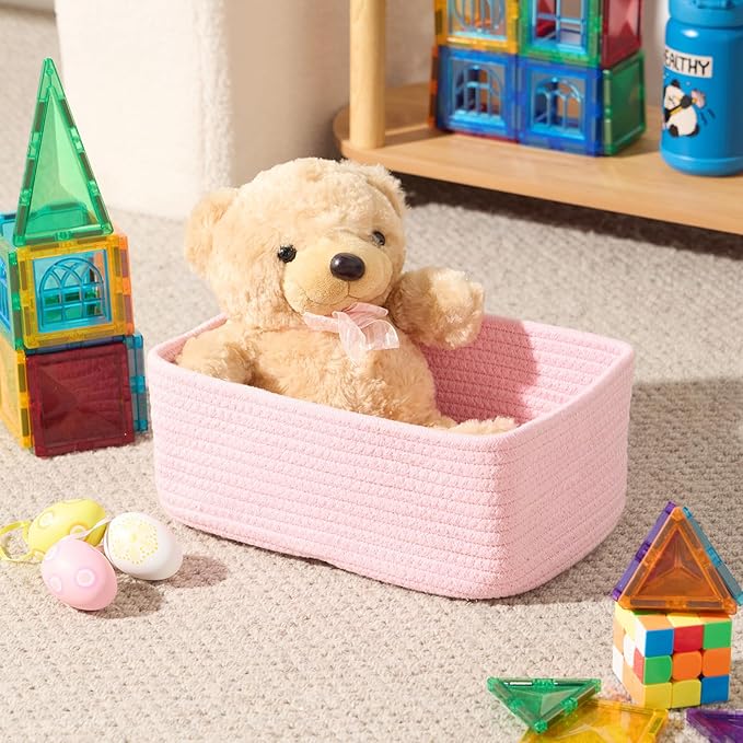 Small Storage Baskets for Organizing | Closet Organizer Bins | Shelf Toy Basket | Woven Rope Baskets | Cube Decorative Box | Shallow Basket | 11.5x7.5x4.7” | 3 Packs Pink-Ruum Studio Home