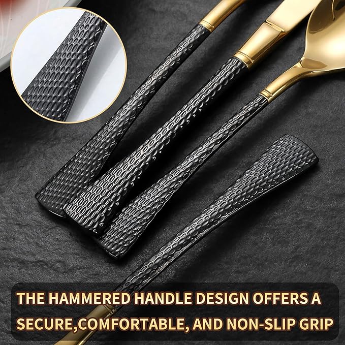 Hammered Black Gold Silverware Set for 8,Stainless Steel 40-Piece Modern Cutlery Set,Mirror Polished Heavy Duty Flatware Set Utensil Set,Knives Spoons and Forks Set,Dishwasher Safe-Ruum Studio Home