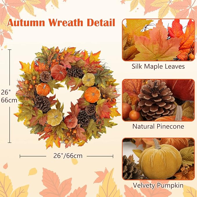 Fall Wreaths for Front Door 26'' Autumn Velvet Pumpkin Wreath with Metal Hook Large Harvest Maple Wreath Fall Decoration for Home Halloween Thanksgiving Decoration, Briful-Ruum Studio Home