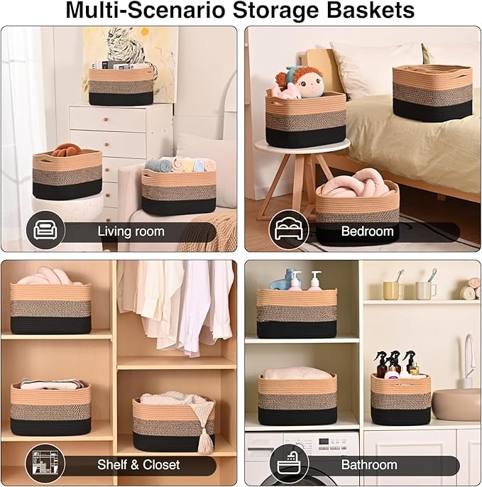 Storage Baskets for Organizing Shelves, Decorative Baskets for Storage, Woven Cotton Rope Basket for Living Room Bedroom Nursery, 15"x11"x9.5", 3 Packs, Gradient Black & Jute-Ruum Studio Home