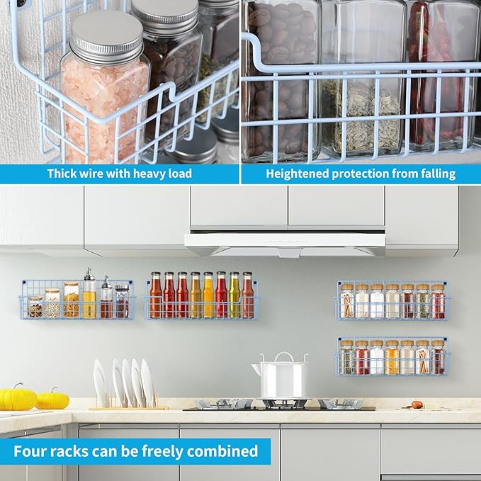 Spice Rack Wall Mount, Wall Spice Organizer for Kitchen Cabinet Door, Pack of 4 Hanging Spice Rack for Wall Saving Kitchen Space, Light Blue-Ruum Studio Home