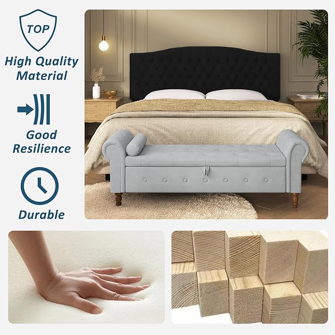 Storage Ottoman Bench for Bedroom, 63" End of Bed Bench with Rolled Arms Upholstered Ottoman Bench Fit for Bedroom, Living Room, Entryway, Velvet Light Gray-Ruum Studio Home