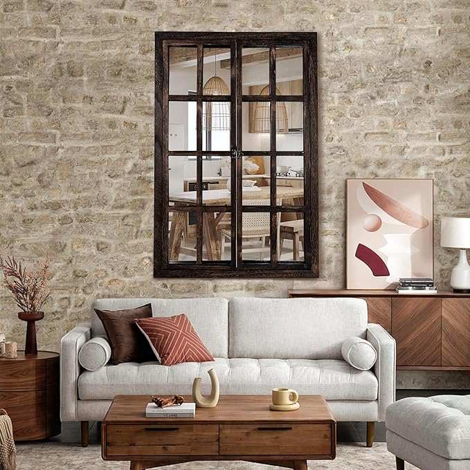 Wall Mirror with Window Design, 36"x24" Rustic Farmhouse Wood Mirror for Wall Decor, Decorative Vintage Mirror for Living Room, Bedroom, Entryway-Ruum Studio Home