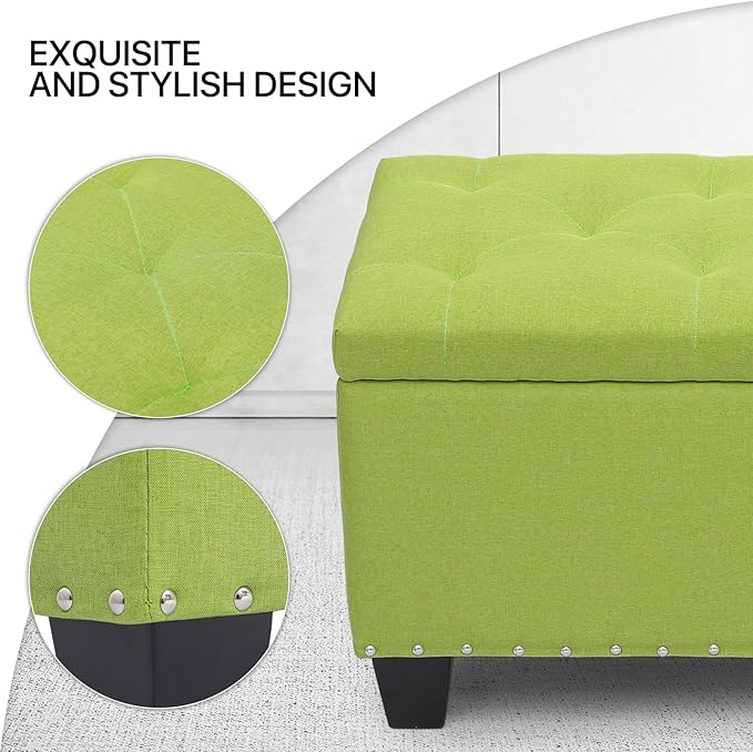 MoNiBloom 42 Inch Long Bench with Storage, Modern 40L Inner Space Green Linen Foot Stool for Bedroom, Upholstered Padded Rectangular Fabric Tufted Bench Footrest with Wood Legs with 660 Lbs Capacity-Ruum Studio Home