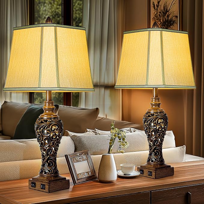 28.5'' Tall Farmhouse Vintage Table Lamp Set of 2 with Faux Silk Shade USB Ports Nightlight Decor for Bedside Living Room Bedroom Nightstands Office Home, Dark Bronze(Bulbs Included)-Ruum Studio Home