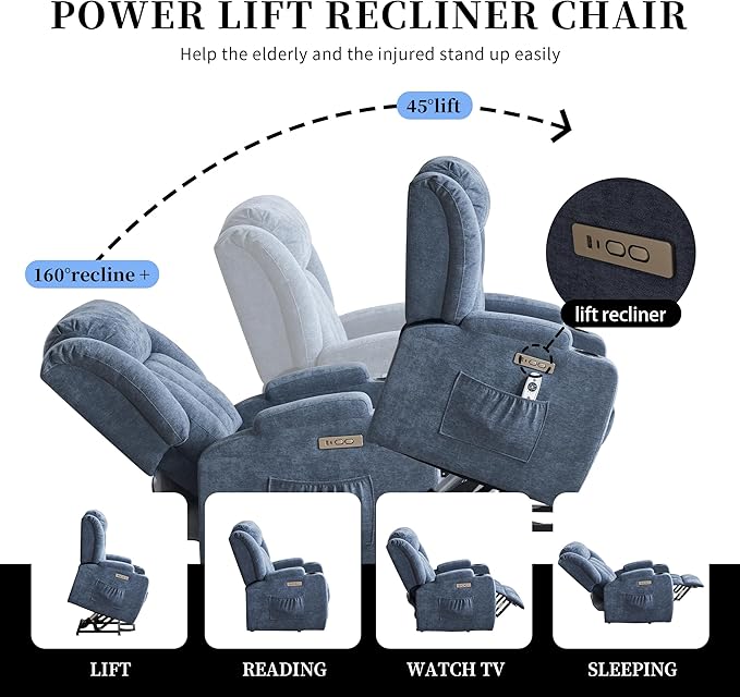 Power Lift Recliner Chair for Elderly with Massage and Heat, Recliner Chairs for Adults, Upgraded Fabric Reclining Sofa Chair with USB & Type-C Ports and Side Pockets, L1188 (Blue)-Ruum Studio Home