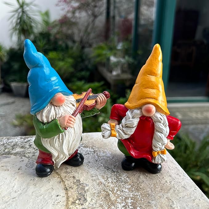 Garden Gnome Duo Decorative Figurines 5.5“ Ornament for Indoor Outdoor Home Garden Decor，Musical Violin Player and Dancing, Colorful Outdoor Statues, Set of 2-Ruum Studio Home