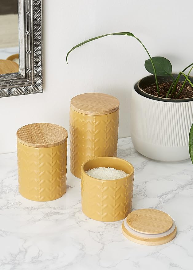 DII Kitchen Accessories Collection, Textured Matte Ceramic Canister Set, Honey Gold, Vine, 3 Piece-Ruum Studio Home