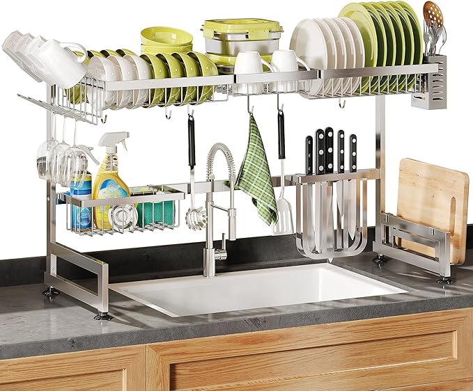 2 Tier Extra Large Stainless Steel Expandable Over The Sink Dish Drainer Drying Rack, Rust Proof Metal, Space Saving, Modern Silver Big Capacity Extendable Plate Strainers Above Kitchen Counter-Ruum Studio Home