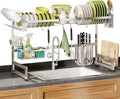 2 Tier Extra Large Stainless Steel Expandable Over The Sink Dish Drainer Drying Rack, Rust Proof Metal, Space Saving, Modern Silver Big Capacity Extendable Plate Strainers Above Kitchen Counter-Ruum Studio Home