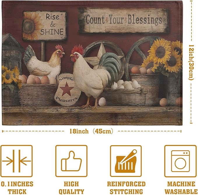 Farmhouse Rooster Placemats Set of 4 Farm Animal Chicken Place Mats 12x18 Inch Vintage Rustic Country Linen Table Mat Washable Non-Slip Placemat for Party Kitchen Dining Decor-Ruum Studio Home
