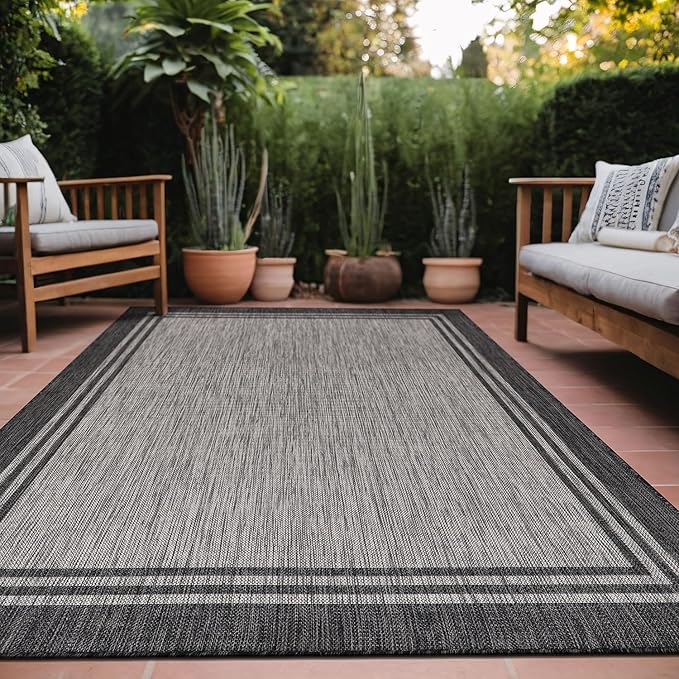 Bordered Outdoor Rug 9x12 Washable Outside Carpet for Indoor Patio Porch Waterproof Easy Cleaning Non Shedding Area Rugs Dark Gray 9 x 12-Ruum Studio Home