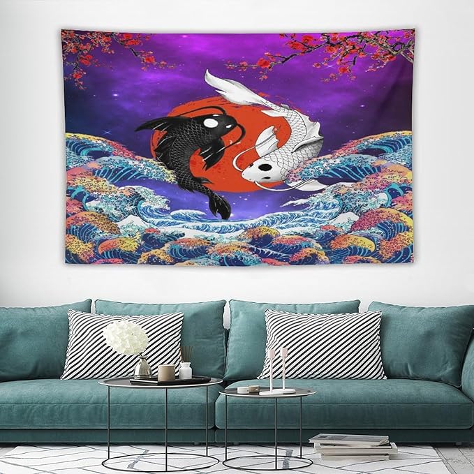Houselerax Japanese Koi Fish Tapestry, Yin Yang Big Wave Cherry Blossom Tapestries Wall Hanging for Bedroom Living Room Office Decor 90"x60"-Ruum Studio Home