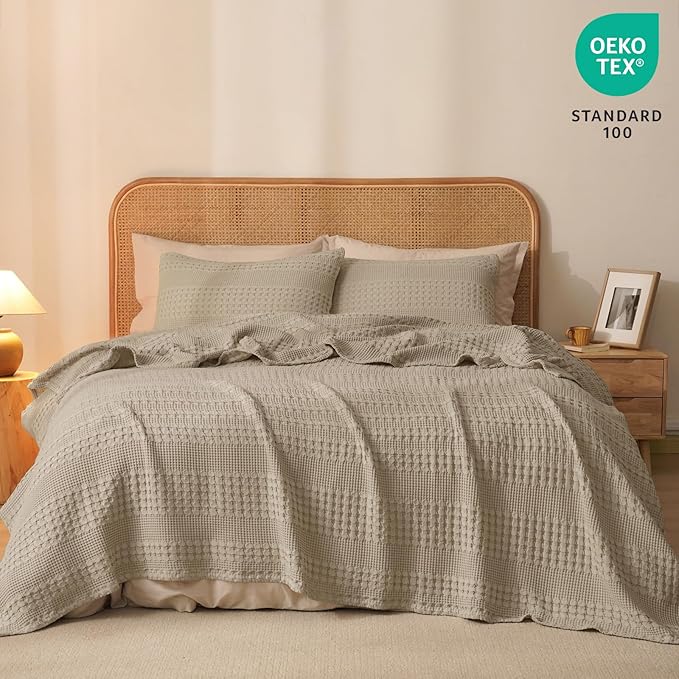 PHF 100% Cotton Waffle Weave Blanket Queen Size, Soft Lightweight Breathable Cozy Summer Blankets for Bed, Luxury Aesthetic Woven Bedding for Home Decor, 90"x90", Simply Taupe-Ruum Studio Home