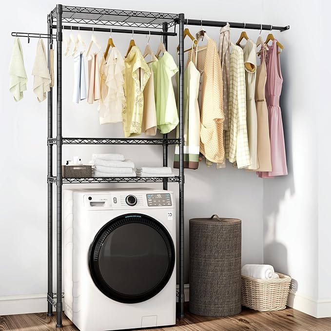 Over Washer and Dryer Shelves,3 Tier Adjustable Wire Shelving Laundry Room Storage Organization Clothes Drying Rack with Mounted on the Wall Expandable Hanger Rods&Hook,55"~74.5"Wx13.4"Dx77"H-Ruum Studio Home