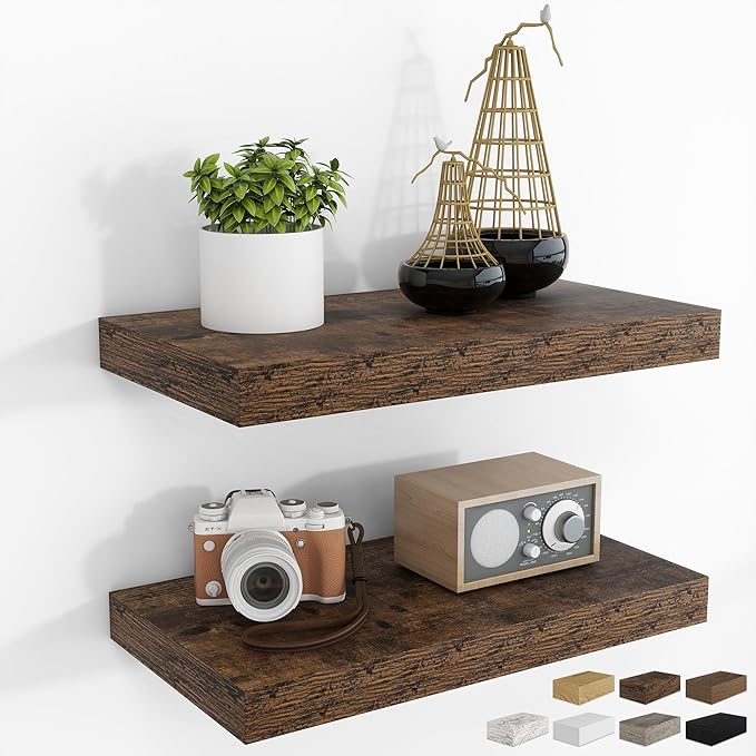RICHFOCUS 16Inch Floating Shelves for Wall 2 Pack Shelves for Bedroom|Kitchen|Bathroom Wall Mounted Rustic Wood Floating Shelf with Invisible Brackets for Books|Storage|Decor, Rustic Brown-Ruum Studio Home