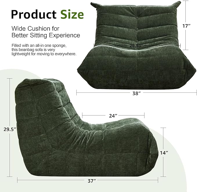 Bean Bag Chairs for Adults Giant Bean Bag Chair Memory Foam BeanBag Chair Big Bean Bag Sofa with Filler Faux Fur Fireside Beanbags Lazy Sofa for Living Room Bedroom Dorm Office (Green Chenille)-Ruum Studio Home