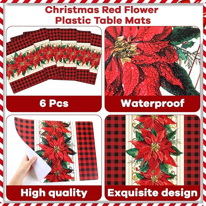 Christmas Poinsettia Placemats Set of 6 Red Watercolor Poinsettia Plastic Table Mats Christmas Xmas Red Flower Place Mats Winter Holiday Table Decoration for Indoor Outdoor Party Kitchen Dining-Ruum Studio Home