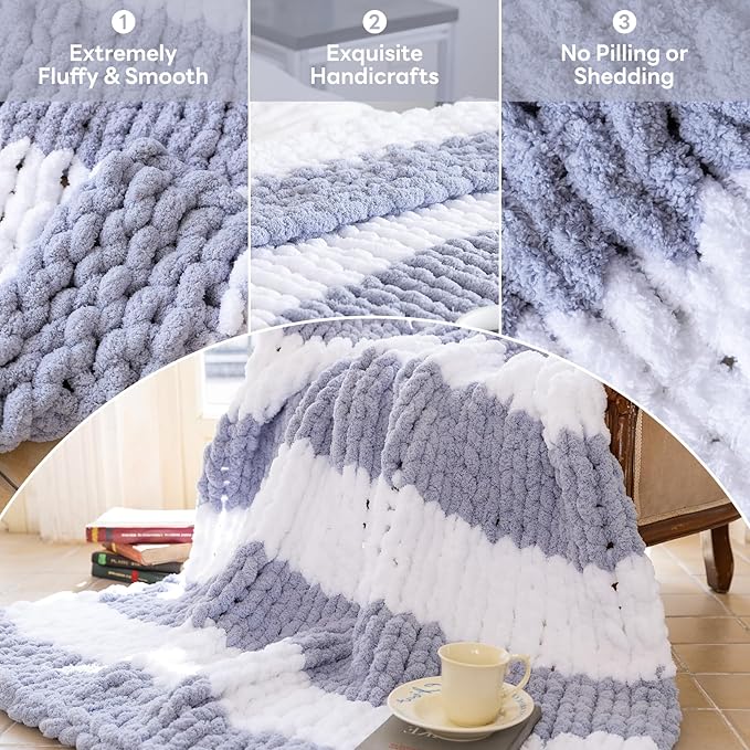 Chunky Knit Blanket - Luxury Soft Cozy 60 * 80 Throw Blanket,100% Woven Blanket Rope Knot Throw Blanket for Couch, Sofa, Home Decor, Gift - Machine Washable（White/Light Gray）-Ruum Studio Home