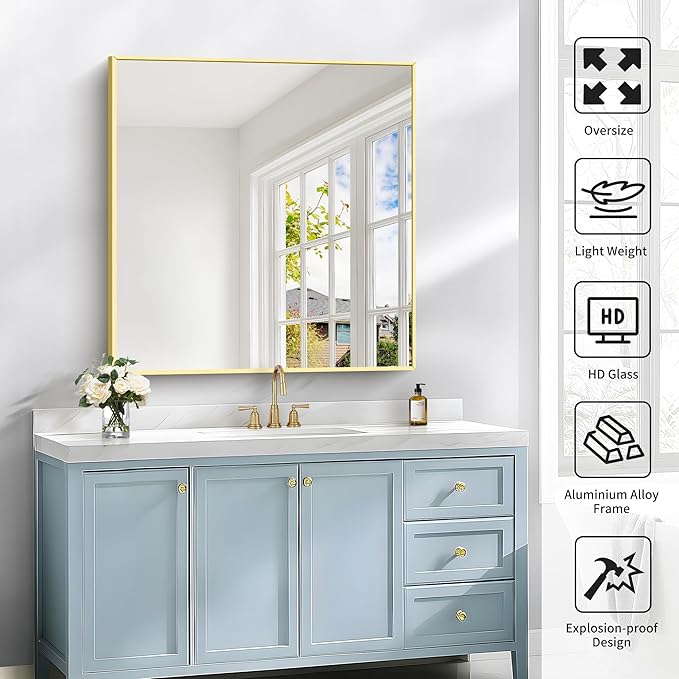 Gold Bathroom Mirror for Wall, 30x30 Inch Rectangle Mirrors with Metal Frame, Modern Vanity Wall Mirror Decor for Bathroom Living Room, Entryway Hangs Horizontal or Vertical-Ruum Studio Home