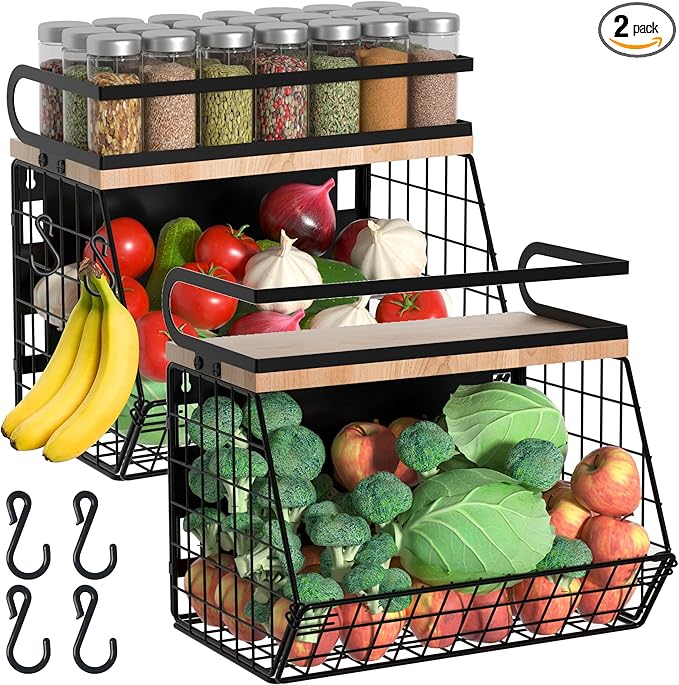 Magnetic Spice Rack for Refrigerator, Fruit, Potato & Onion Storage Bin,Large Capacity Magnetic Shelves for Side of Refrigerator, Kitchen Organizers and Storage Countertop,2 Pack Black-Ruum Studio Home