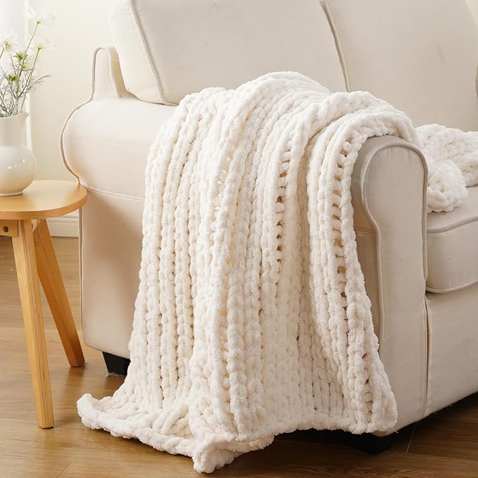 Battilo Chunky Knit Throw Blanket, Soft and Thick Chenille Throw Blanket, 50"x60" Handmade Cable Knit Crochet Blanket, Large Rope Knot Throw Blankets for Couch Sofa Bed Home Decor, Cream-Ruum Studio Home