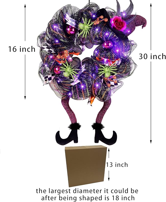Lulu Home Halloween Front Door Wreath, Purple LED Lighted Witch Hat Wreath, Battery Operated, NOT PRELIT-Ruum Studio Home