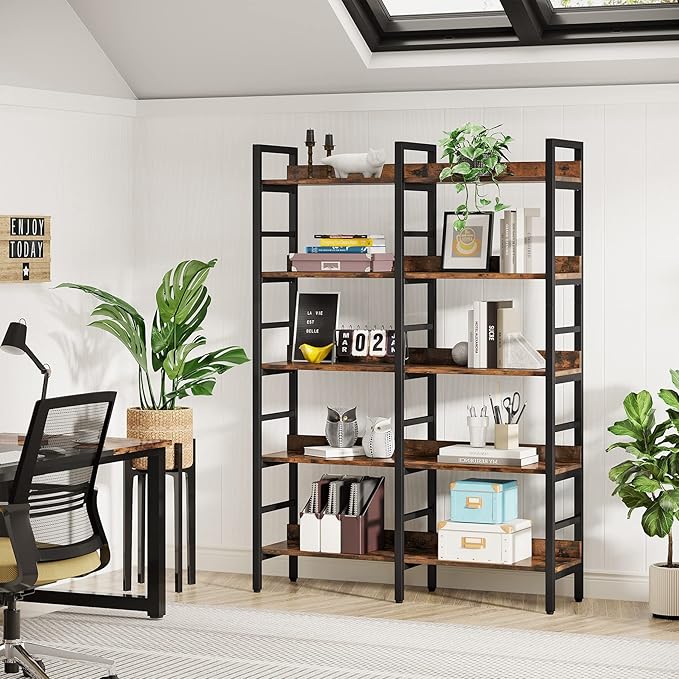 Tribesigns 5-Tier Industrial Bookshelf, 71”H x 47”W Etagere Bookcase, Freestanding Double Wide Book Shelf for Storage and Display, Wood and Metal Bookshelves for Living Room Home Office, Rustic Brown-Ruum Studio Home