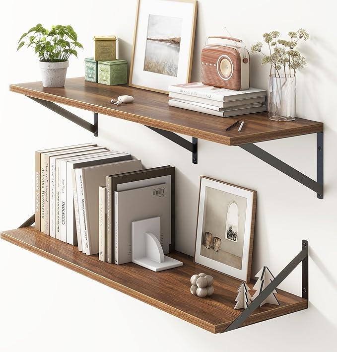 36"W x 10"D Floating Shelves, 10 Inch Deep Walnut Floating Shelves, Farmhouse Rustic Deep Wall Shelves for Home Decor, Wide Large Floating Shelf for Bathroom, Living Room, Kitchen, Study Room-Ruum Studio Home