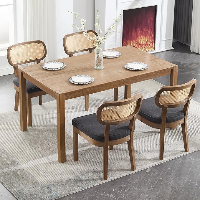 Rattan Dining Chairs Set of 4, Upholstered Linen Dining Room Chair with Cane Backrest Wooden Farmhouse Kitchen Chairs Armless Side Chair for Dining Room/Restaurant, Black-Ruum Studio Home