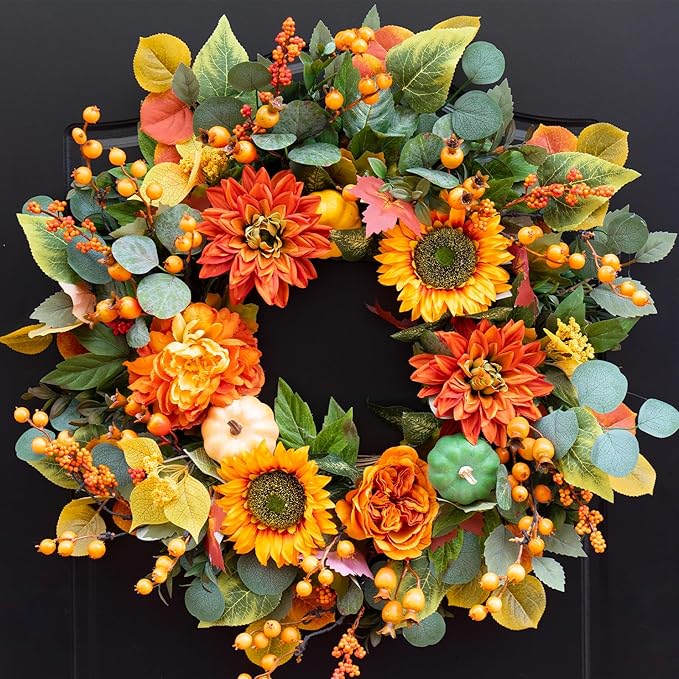 Fall Wreaths for Front Door 24 Inch Autumn Wreath with Sunflowers, Orange Dahlias, Maple Leaves & Berries – Fall Door Wreath for Outdoor or Indoor Thanksgiving Decor-Ruum Studio Home