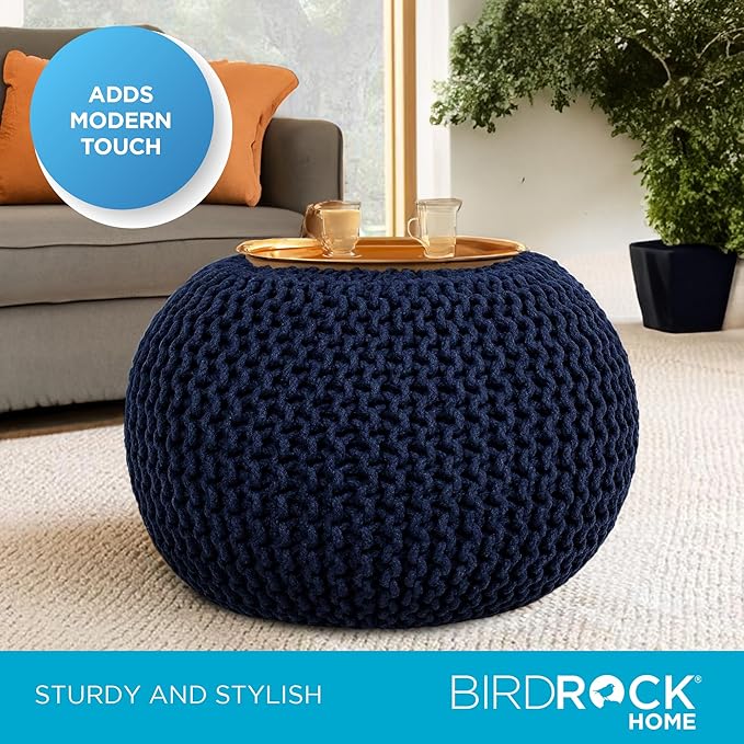 BIRDROCK HOME Round Pouf Ottoman | Cotton Braided Foot Stool with Bean Bag Filling | Boho Foot Rest for Living Room & Bedroom | Compact & Comfortable Seating, Lightweight & Soft | Navy-Ruum Studio Home