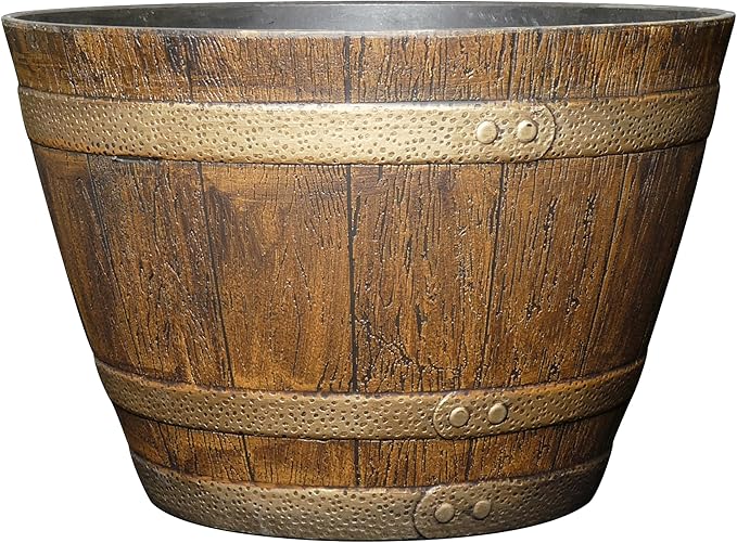 Classic Home & Garden Whiskey Barrel Planters - Wooden Finish Flower Planter Pot - Decorative Garden Pots - Indoor & Outdoor Resin Planters - Weather-Resistant Planting Pots (15” Oak Brown, Pack Of 1)-Ruum Studio Home