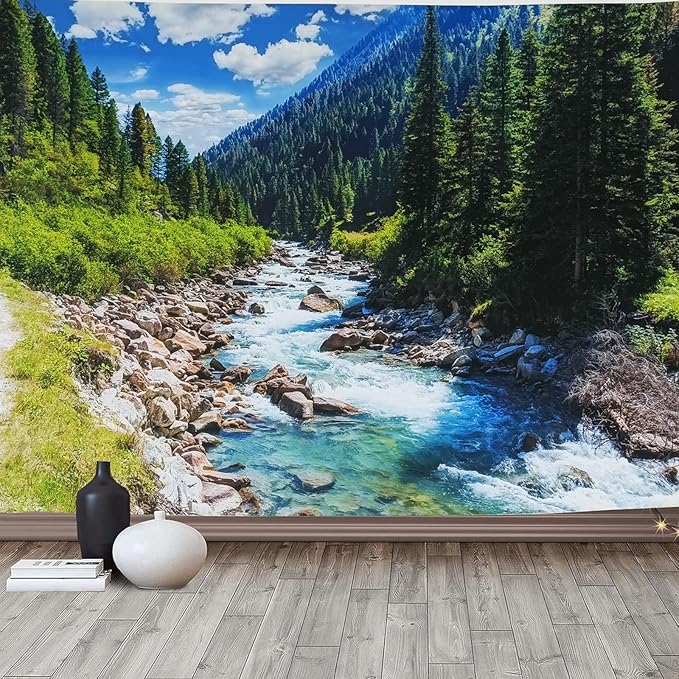 Nature Forest Mountain Tapestry Green Pine Tree Stream Tapestry White Clouds Flowing River Valley Landscape Scenery Tapestries Wall Hanging for Bedroom Dorm Living Room Office Classroom 47 x 35 Inch-Ruum Studio Home