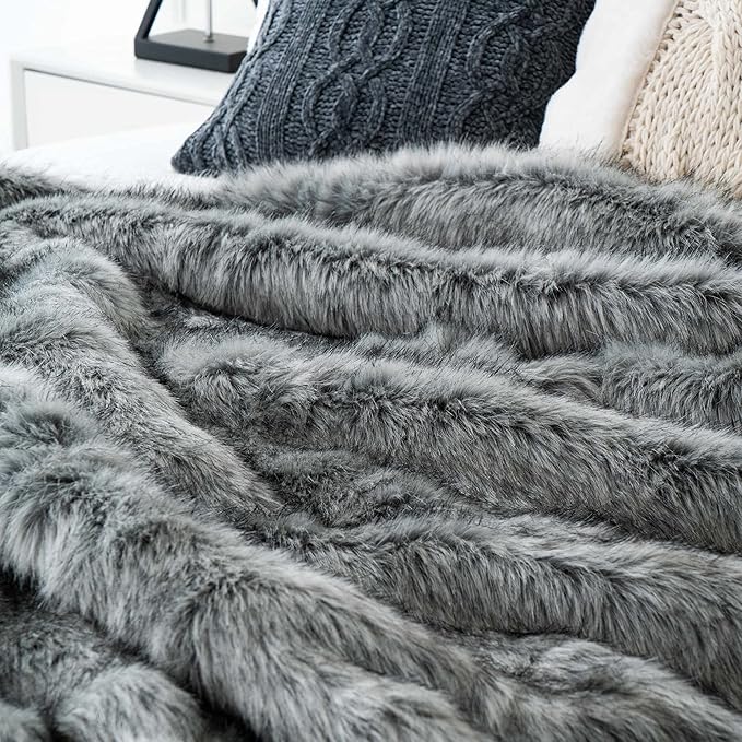 BATTILO HOME Wolf Faux Fur Blanket, Extra Large Fox Fur Throw Blankets for Couch, Bed, Super Soft, Fluffy, Eelegant, Grey with Black Tips Blanket Reversible to Plush Velvet, (Grey, 60"x80")-Ruum Studio Home