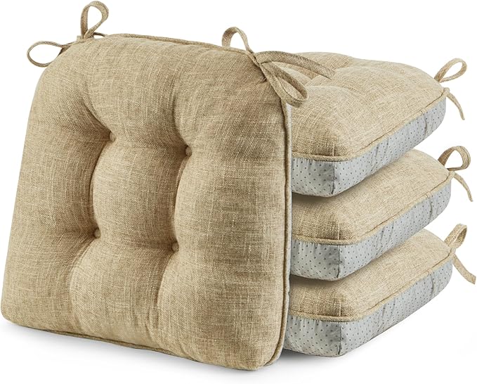 puredown® Chair Cushions for Dining Chairs, Tufted Memory Foam Chair Pads with Non-Slip Backing, Kitchen Seat Cushions with Ties, Washable Seat Pad Set of 4, 15.5" x 15.5" x 4", Khaki-Ruum Studio Home